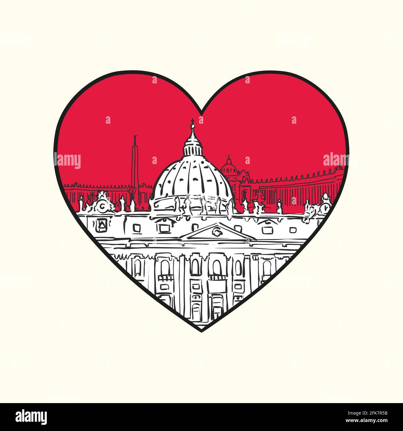 Ich liebe den Vatikan. Rotes Herz und berühmte Gebäude, Komposition des Heiligen Stuhls. Handgezeichnete schwarz-weiße Vektorgrafik. Gruppierte und bewegliche Objekte. Stock Vektor
