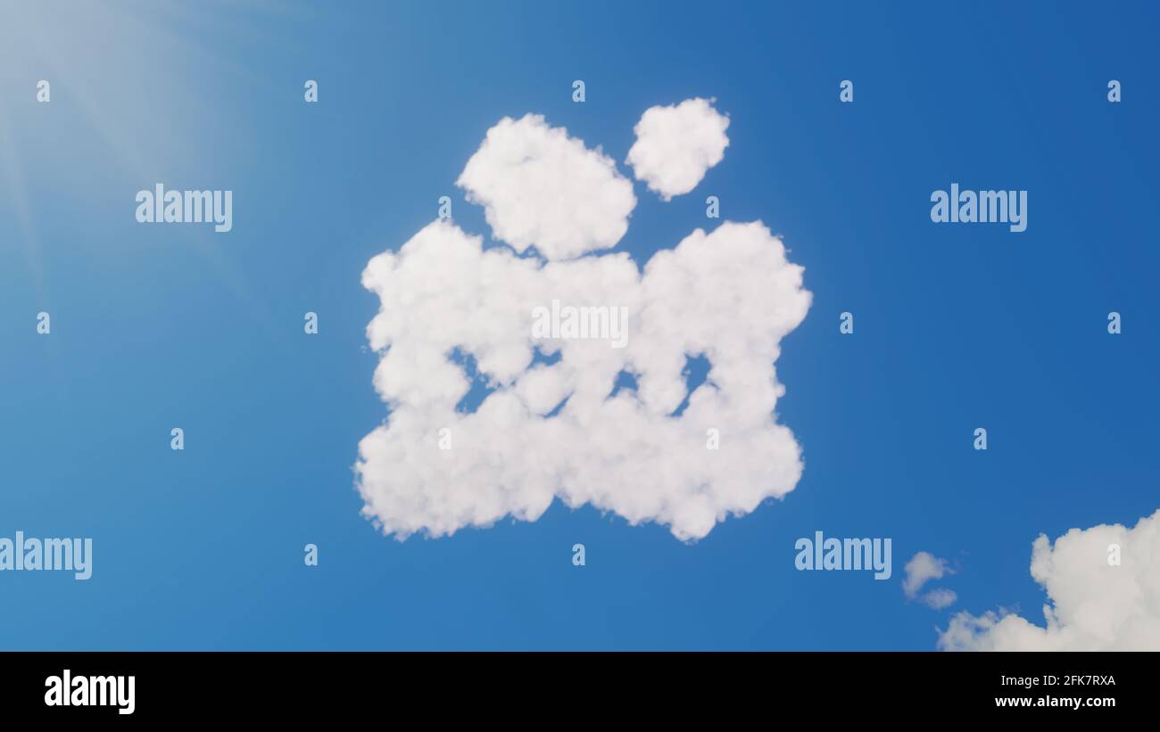 3d-Darstellung von weißen, flauschigen Wolken in Form eines Symbols Von Seifenstück mit Text und Blasen am blauen Himmel Mit Sonnenstrahlen Stockfoto