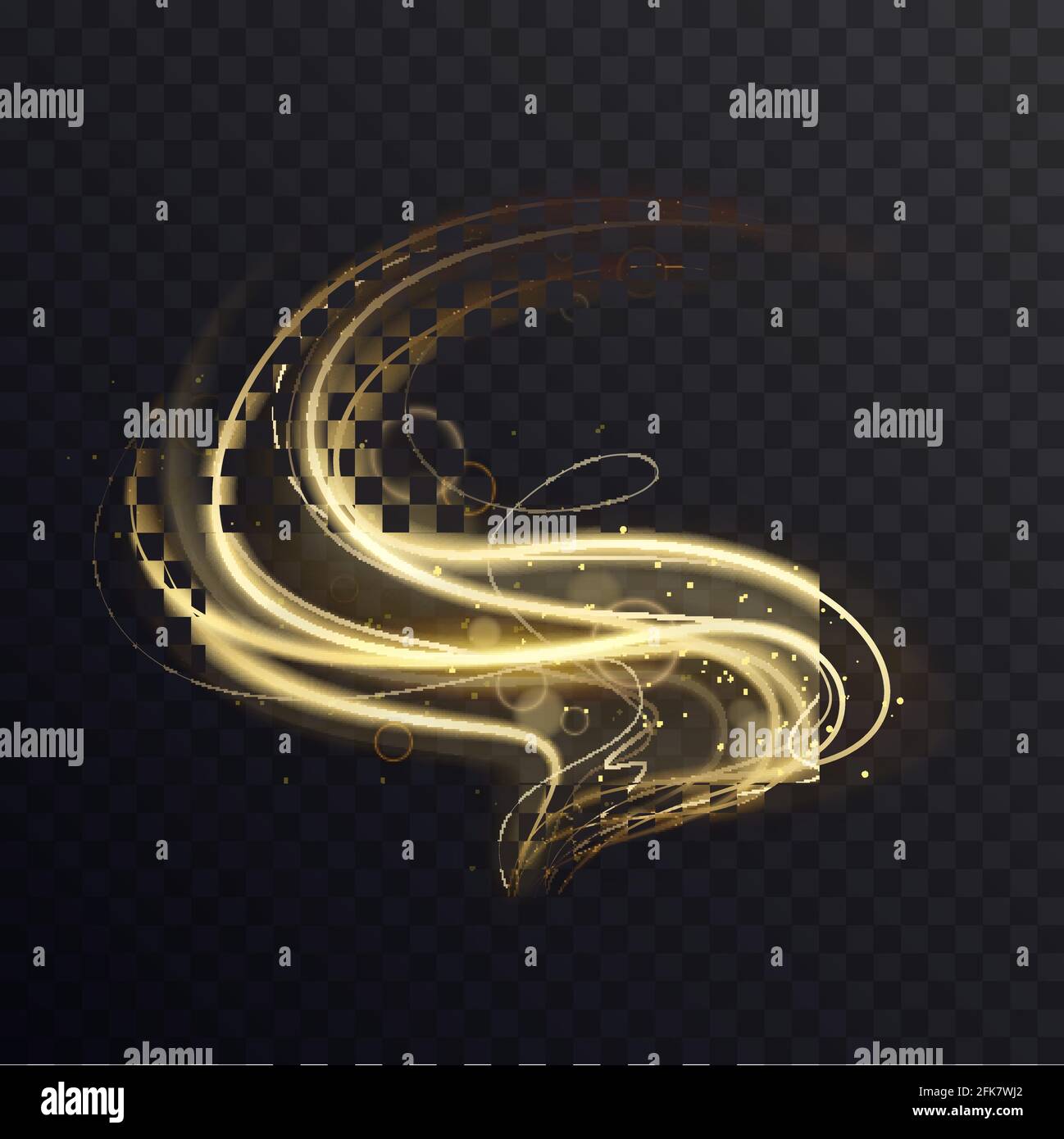Goldene Welle mit funkelnder Bokeh, abstraktem Lichteffekt von goldenen Wirbel-Kurve-Bewegungslinien Stock Vektor
