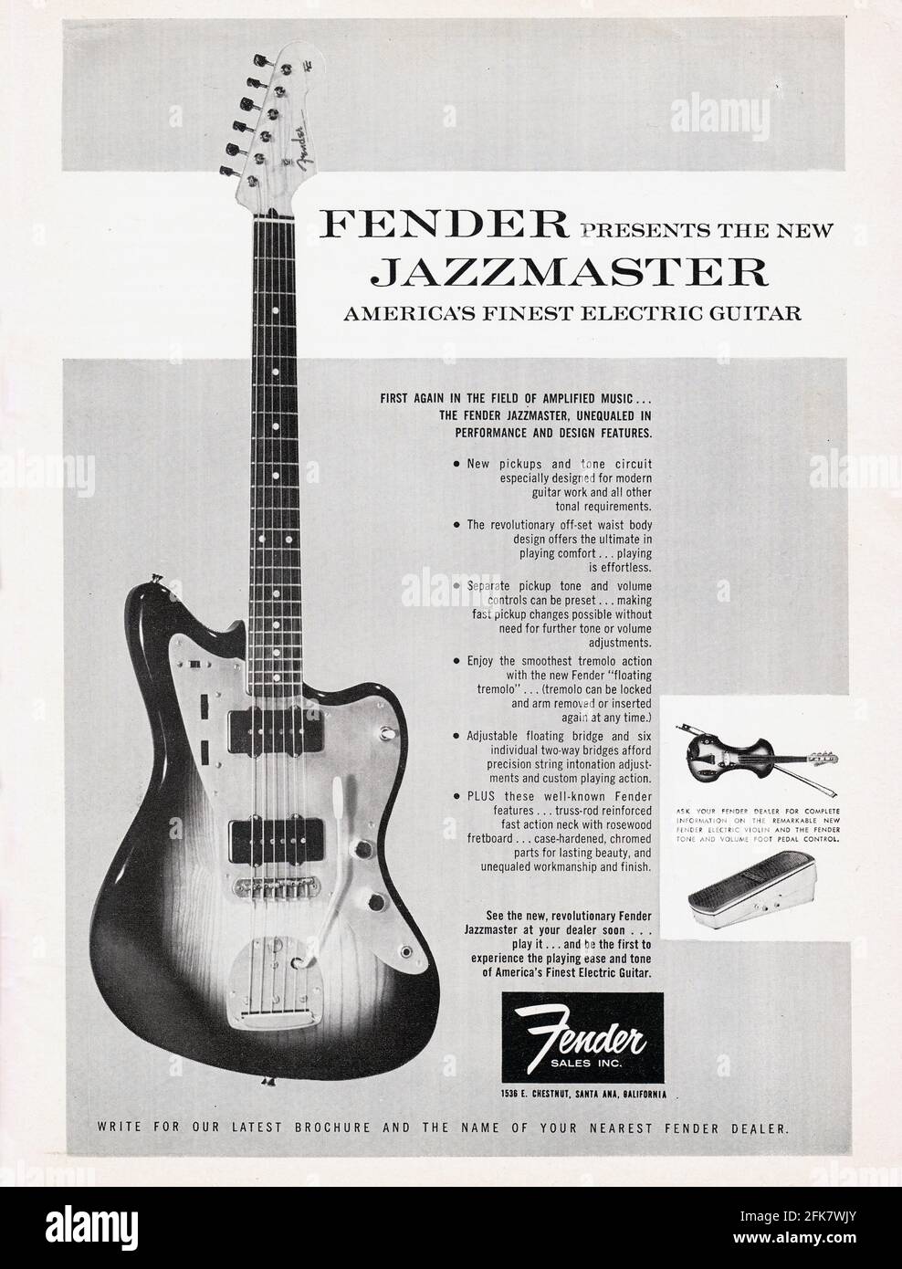 Eine Anzeige von einem Musikmagazin aus dem Jahr 1958, in der die Fender Jazzmaster E-Gitarre vorgestellt wird. Stockfoto