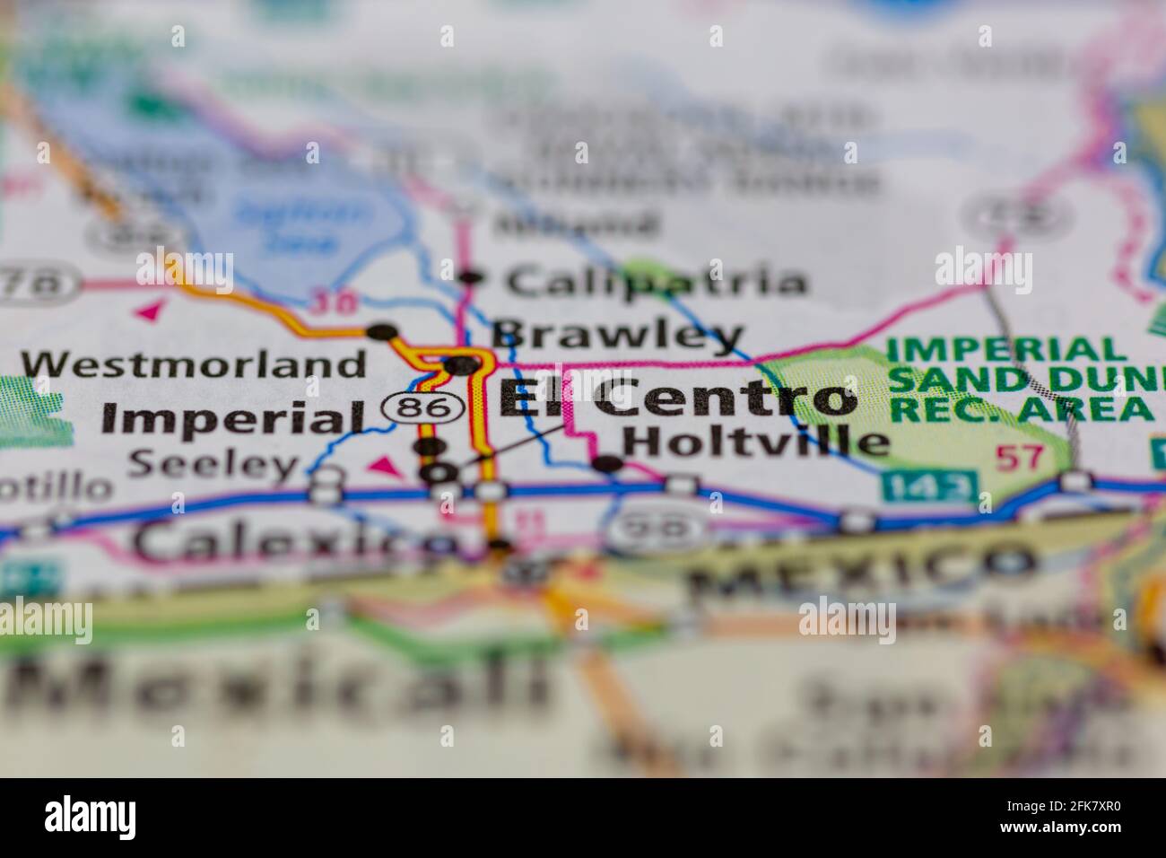 El Centro California USA auf einer Geographie-Karte oder angezeigt Straßenkarte Stockfoto