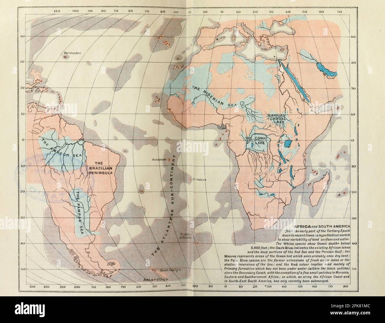 Geologische Karte von Afrika und Südamerika aus dem frühen Teil der tertiären Epoche aus dem Buch "Großbritannien über die Meere : Afrika : A history and description of the British Empire in Africa ' von Johnston, Harry Hamilton, Sir, 1858-1927 Veröffentlicht 1910 in London von National Society's Depository Stockfoto