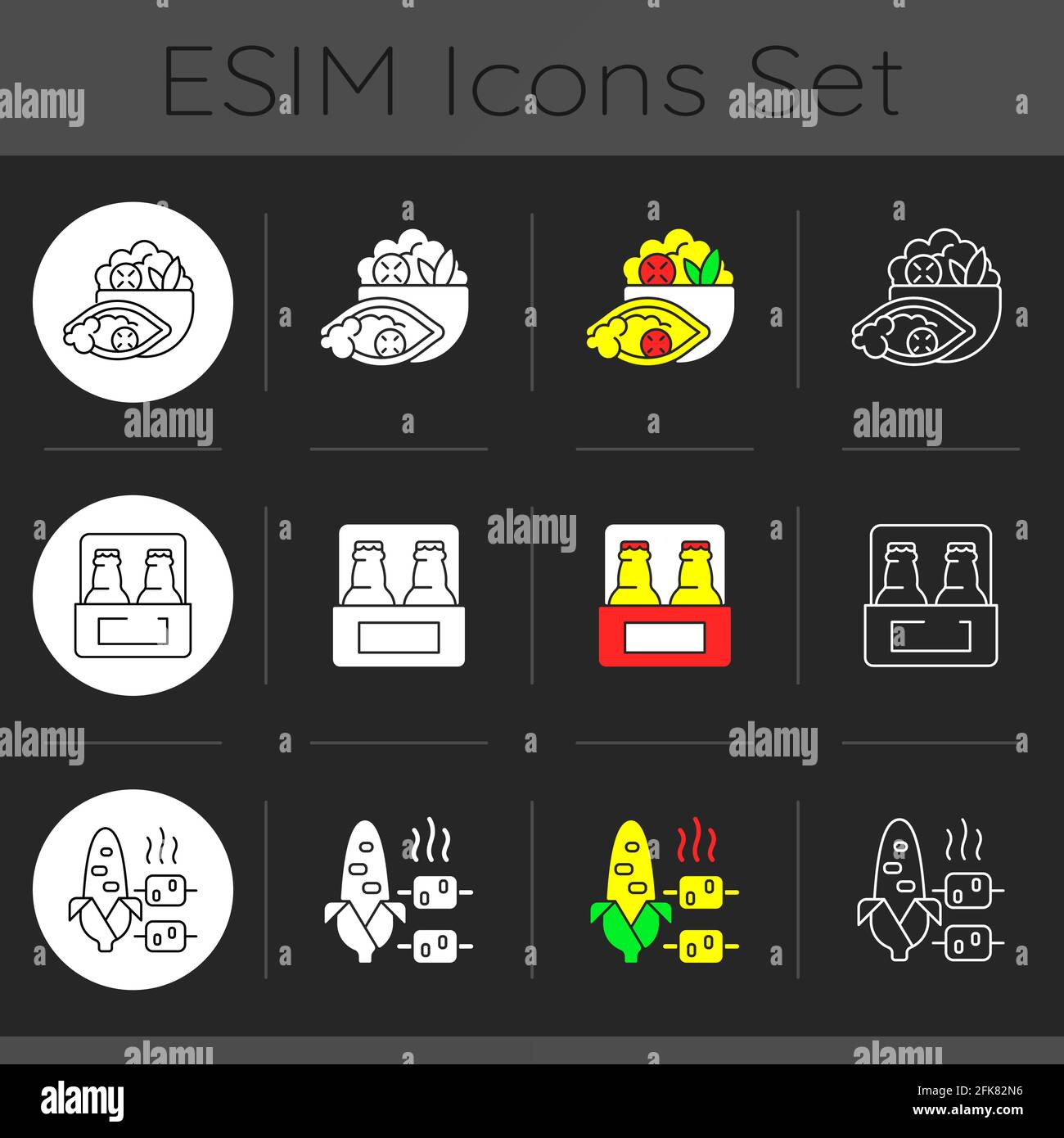 Takeaway und Lieferoption dunkles Thema Symbole gesetzt Stock Vektor