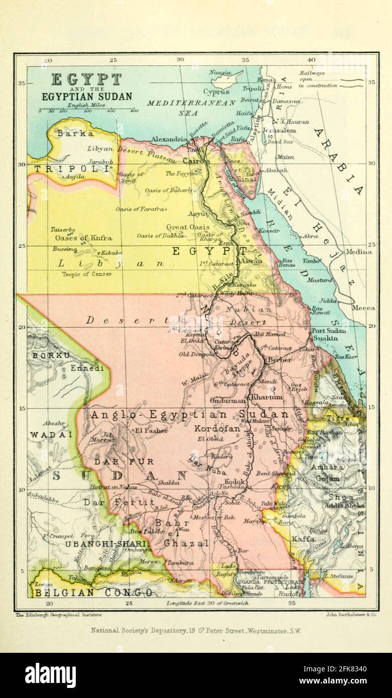 Karte von Ägypten und dem ägyptischen Sudan aus dem Buch "Großbritannien über die Meere : Afrika: Eine Geschichte und Beschreibung des britischen Reiches in Afrika" von Johnston, Harry Hamilton, Sir, 1858-1927 Veröffentlicht 1910 in London von National Society's Depository Stockfoto