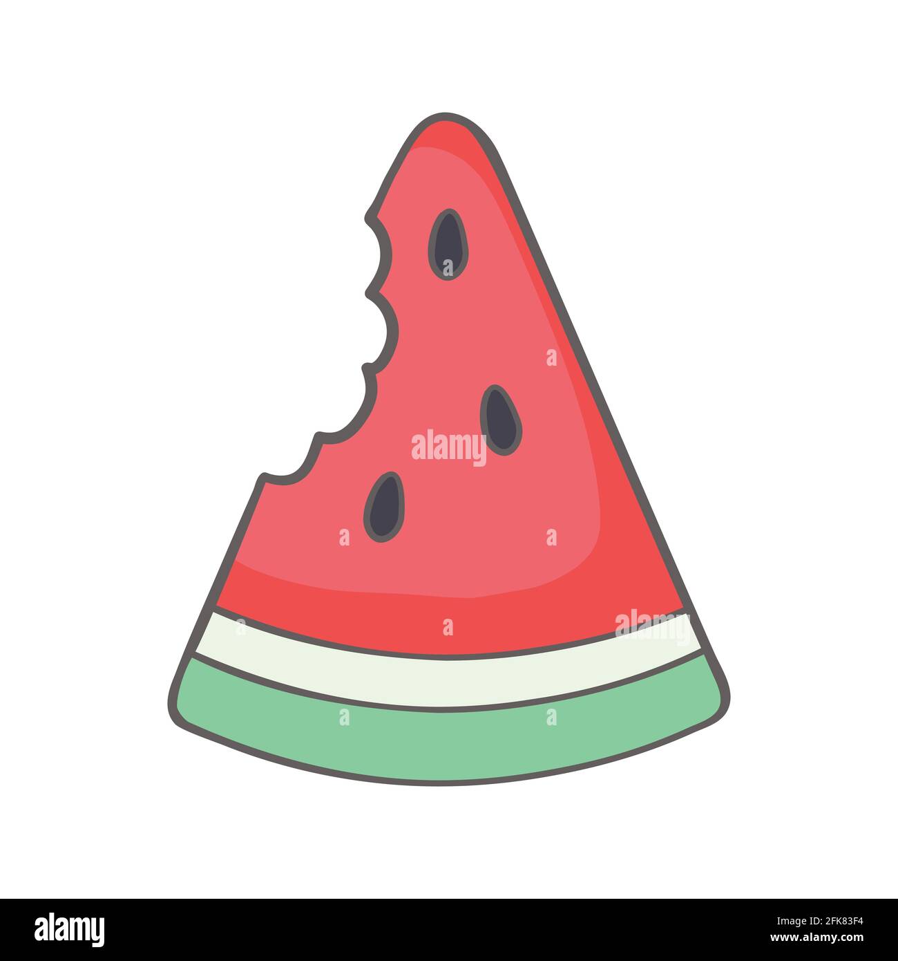 Wassermelonenscheibe mit rotem Fleisch und schwarzen Samen und mit einem Stück abgebissen. Sommer hell Symbol isoliert auf weiß. vektor-Illustration Stock Vektor