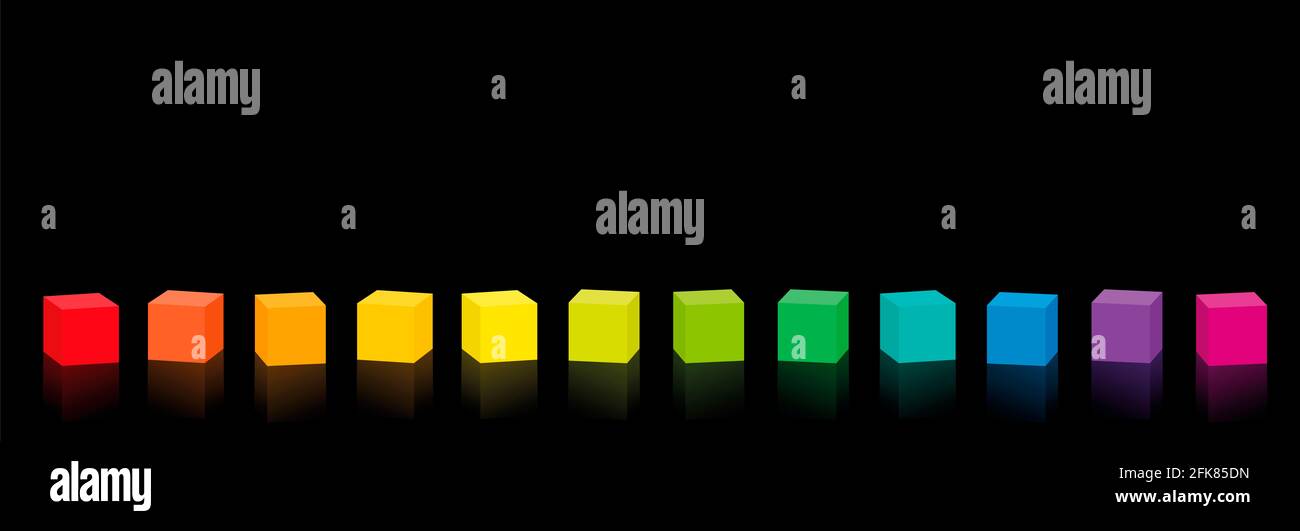 Bunte Würfel. Set aus 12 bunten Würfeln in einer regenbogenfarbenen Reihe - Illustration auf schwarzem Hintergrund. Stockfoto