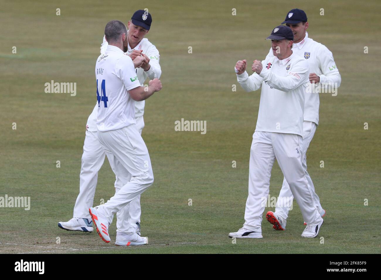 CHESTER LE STREET, ENGLAND. 29. APRIL Durham feiert das Wicket von will Rhodes of Warwickshire während des LV= County Championship-Spiels zwischen dem Durham County Cricket Club und dem Warwickshire County Cricket Club im Emirates Riverside, Chester le Street, am Donnerstag, 29. April 2021. (Quelle: Robert Smith) Quelle: MI News & Sport /Alamy Live News Stockfoto