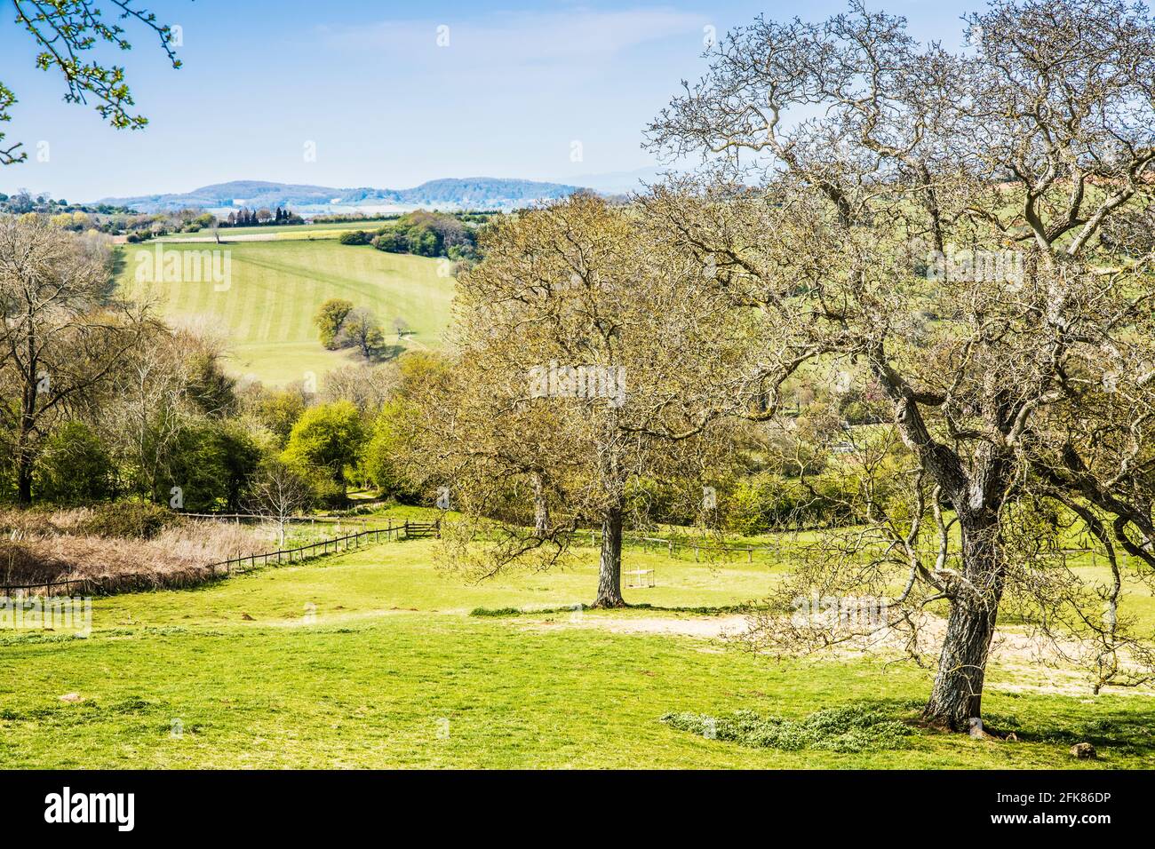 Frühlingsblick über die hügelige Landschaft in den Worcestershire Cotswolds. Stockfoto