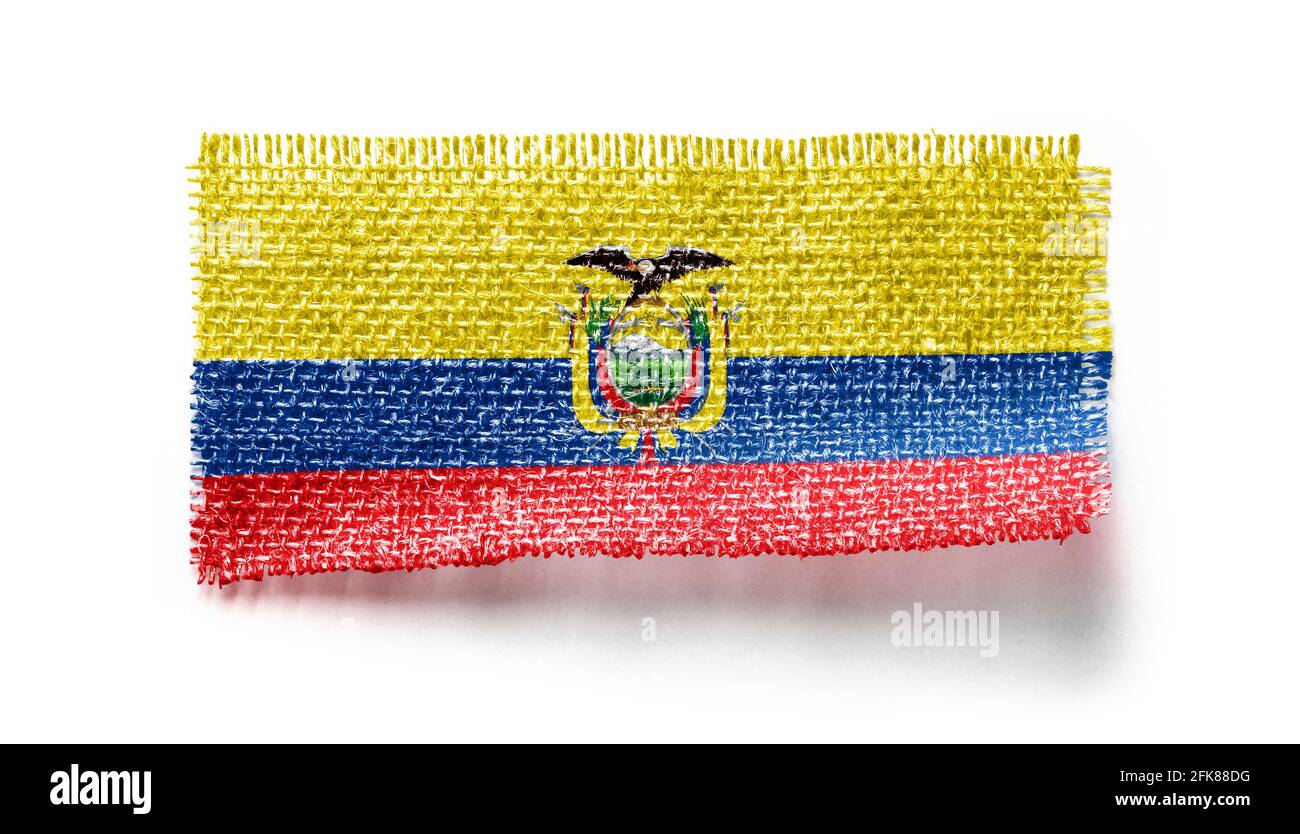 Ecuador Flagge auf einem Stück Stoff auf einem weißen Hintergrund Stockfoto
