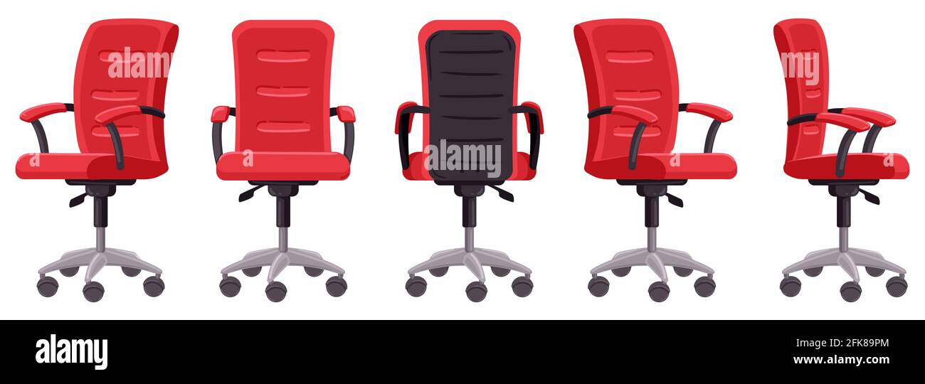 Bürostuhl mit Zeichentrickfilm. Computerstuhl in verschiedenen Winkeln, ergonomische Büromöbel Element isoliert Vektor-Illustration. Moderner Innenstuhl Stock Vektor