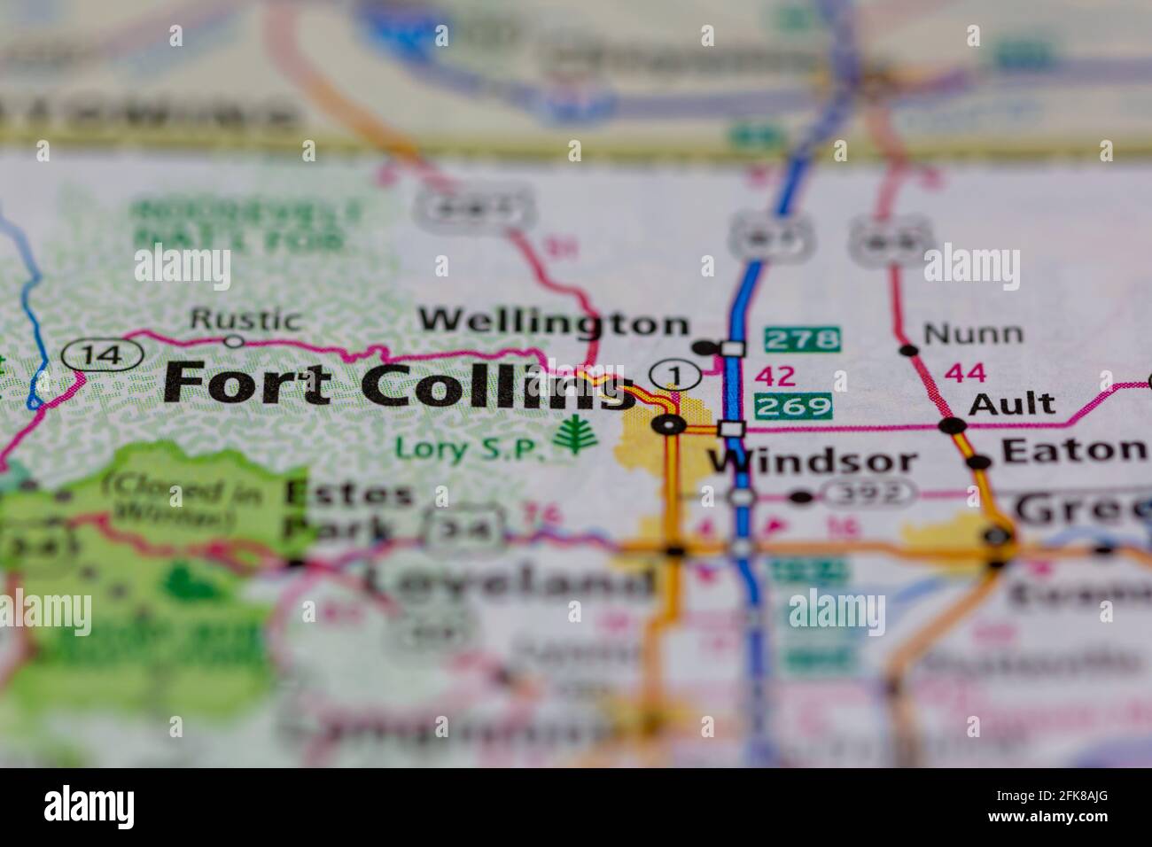 Fort Collins Colorado USA auf einer Geographie-Karte oder angezeigt Straßenkarte Stockfoto