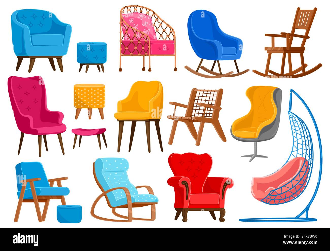 Cartoon-Sessel. Moderne komfortable Möbel, Wohnung Interieur oder Bürosessel Vektor Illustration Set. Zimmerdekoration Sessel Möbel Stock Vektor