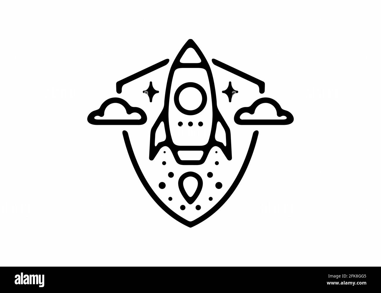 Schwarze Linie Kunst Illustration von Rakete in Schild Form Design Stock Vektor