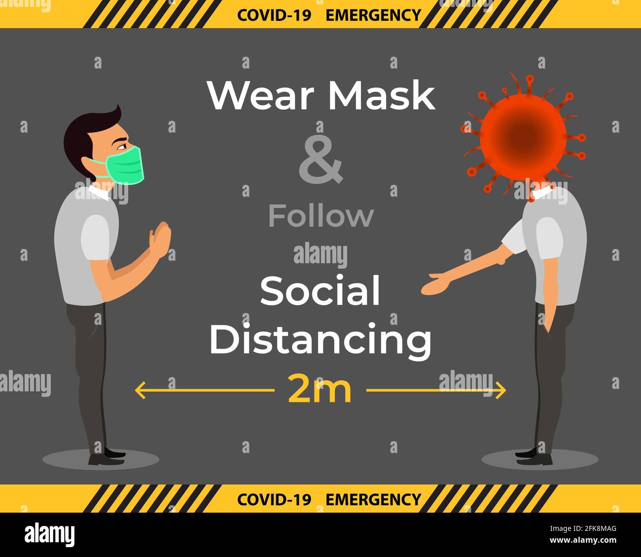 Infografik-Banner zum Coronavirus Covid-19. Um die Verbreitung von Viren zu vermeiden, tragen Sie eine Maske und folgen Sie der sozialen Distanzierung. Bereiten Sie sich auf den Kampf zurück mit tödlichen V Stock Vektor