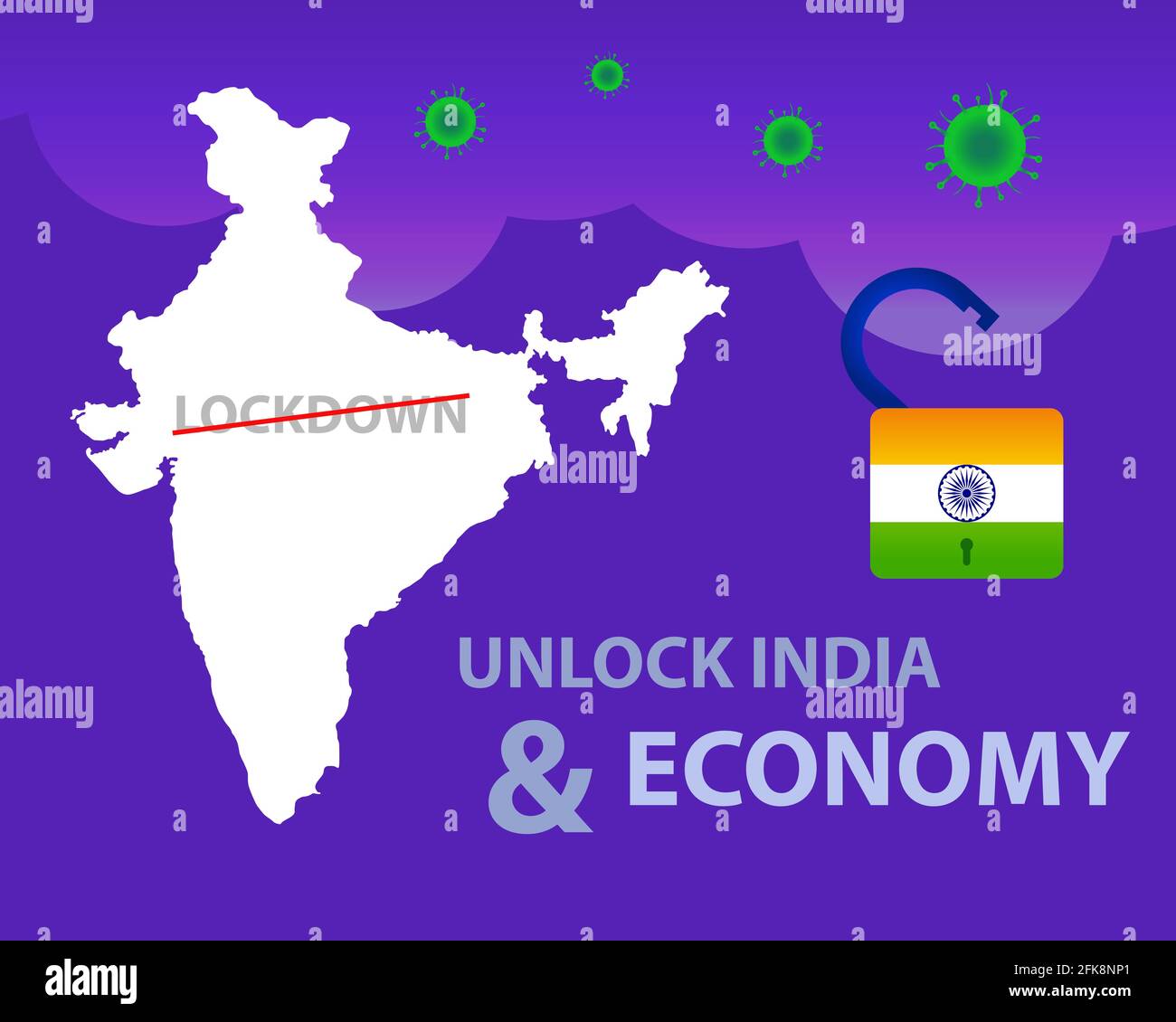 Schalte Indien Frei. Jetzt sind wir wieder offen. Indien Entsperren 1.0 nach sehr langer und strenger Sperre, um mit covid-19 zu kämpfen. Indische Wirtschaft und Industrie. Stock Vektor