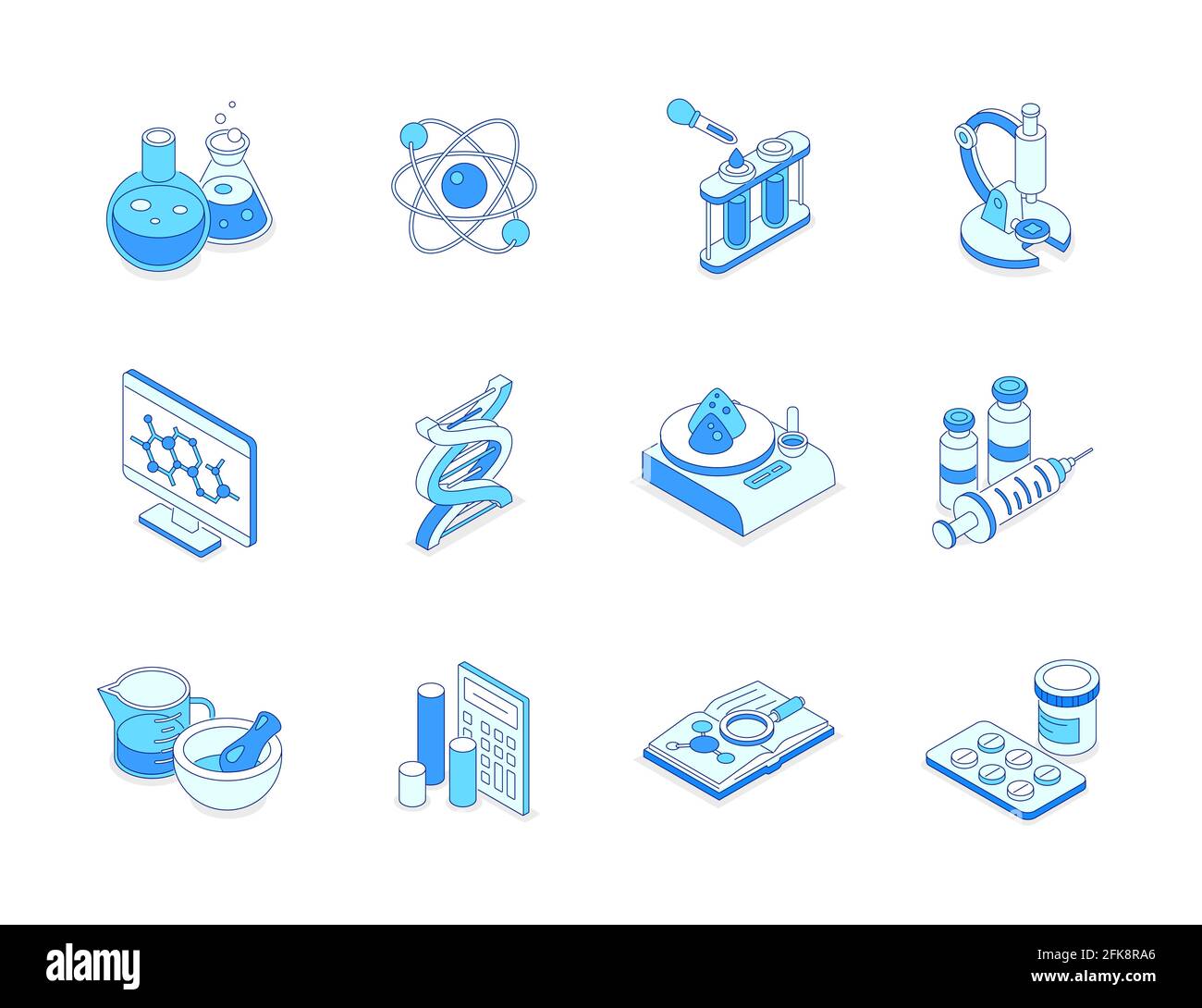 Wissenschaft und Medizin - moderne Linie isometrische Symbole gesetzt. Bildung und Studium, Labor, Forschungskonzept. Kolben und Röhrchen, Mikroskop, DNA-Molekular Stock Vektor