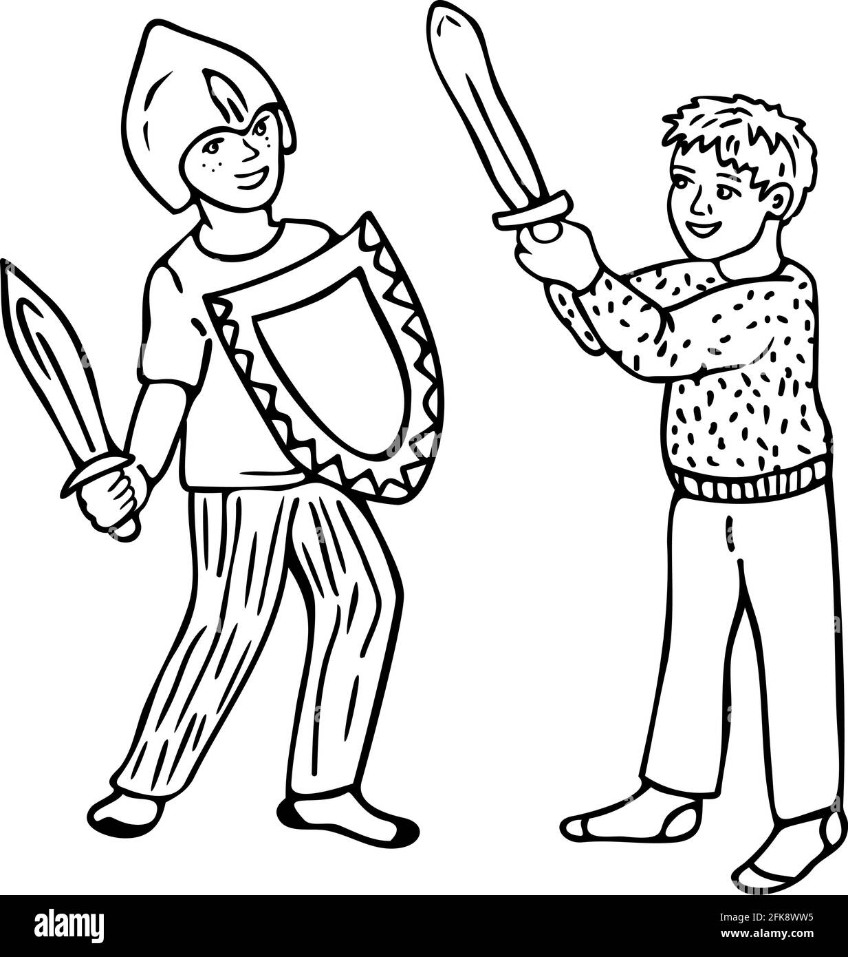 Vektor schwarz-weiß Illustration mit Witz Kampf von zwei kleinen Jungen. Zwei Jungen in Spielzeugrüstung. Design für das ausmalen. Stock Vektor