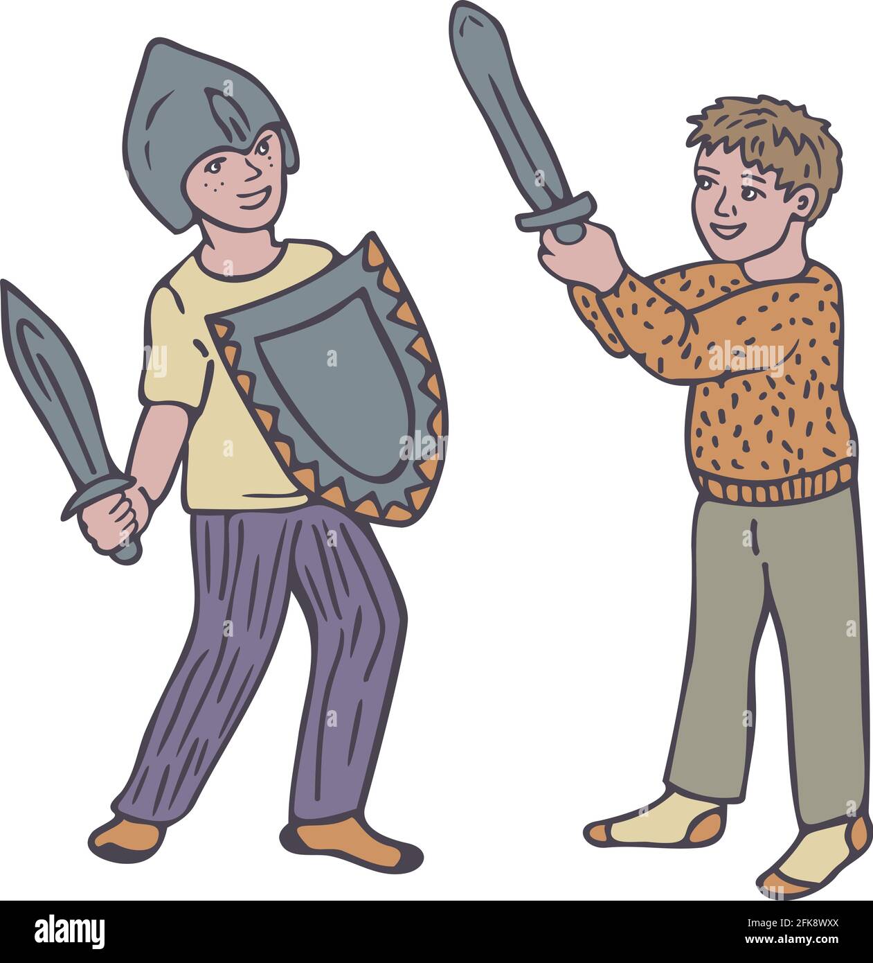 Vektor-Illustration mit Witz Kampf von zwei kleinen Jungen. Zwei Jungen in Spielzeugrüstung. Stock Vektor