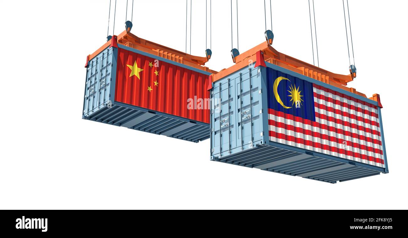 Frachtcontainer mit Malaysia und China Nationalflaggen. 3D-Rendering Stockfoto