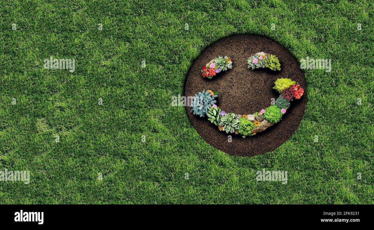 Glückliche Gartenlandschaft und Landschaftsgestaltung als mehrjährige Gartenrasen mit einem Blumenbeet und Zierpflanzen in einem dekorativen Landschaftsbau. Stockfoto