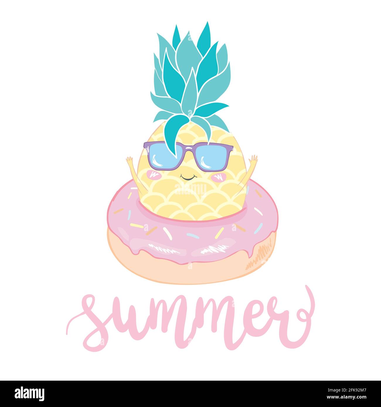 Lustige Vektor-Hintergrund mit Ananas in Gläsern, und handgeschriebenen Text "Hallo Sommer". Handgezeichnete Sommerkarte. Stock Vektor