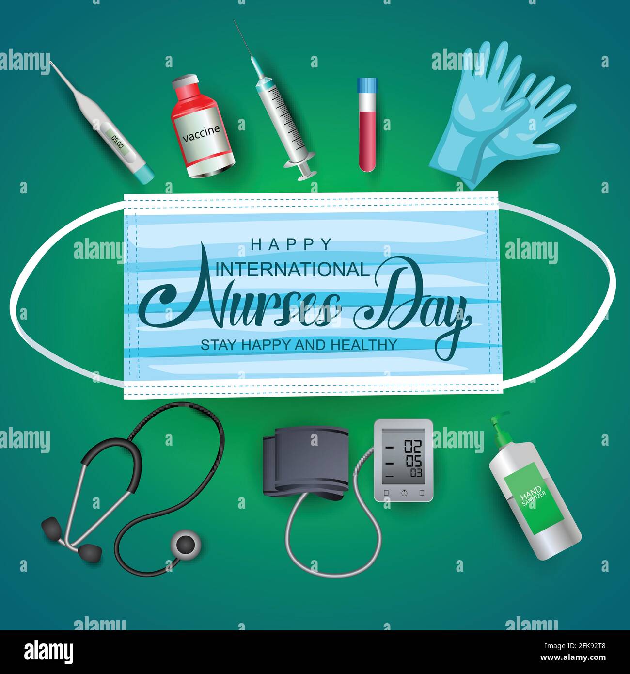 12. Mai. Happy International Nurse Day Hintergrund mit Krankenschwester Werkzeuge. Covid-19, Coronavirus Konzept. Vektorgrafik Stock Vektor