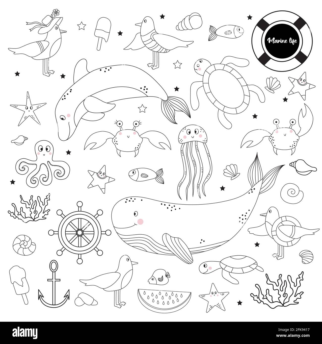 Große Reihe von Meerestieren und -Pflanzen. Unterwasserbewohner - Wale und Delphine, Kraken und Fische, Seesterne und Quallen, Schildkröten und Möwen, sh Stock Vektor