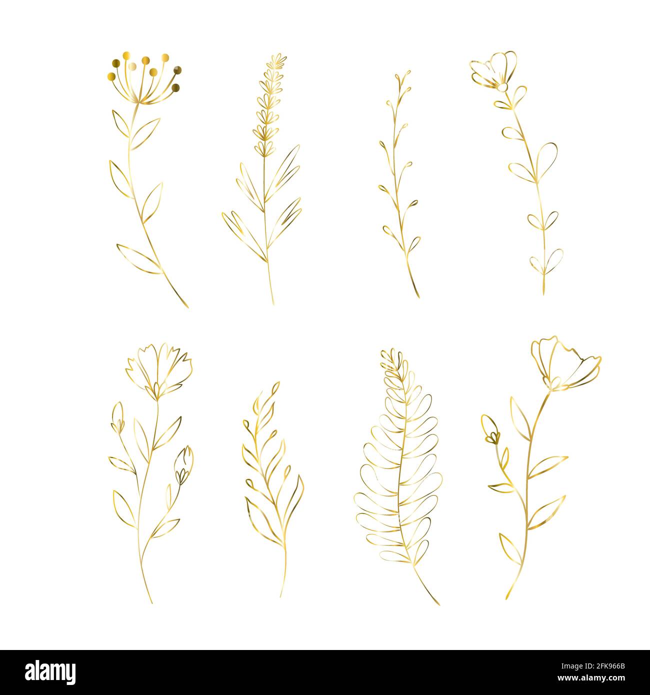 Set aus goldenen Blumen. Dekoration florale Elemente für die Hochzeit. Vektor isoliert Frühling Gold Mohn, Rose, Lilie. Stock Vektor