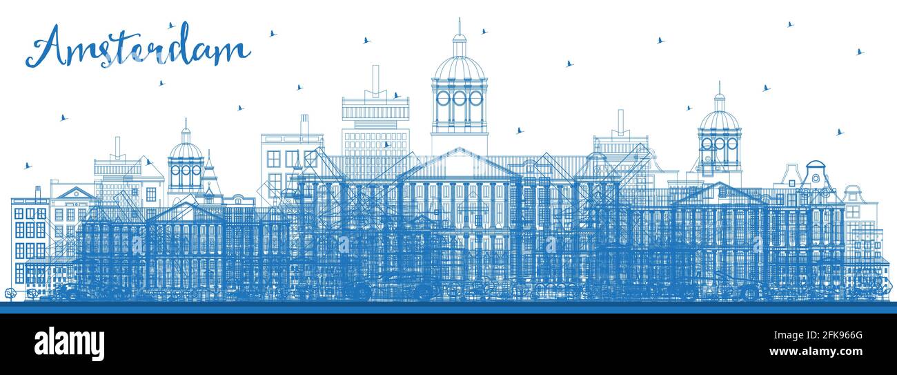 Umrisse Amsterdam Holland Skyline der Stadt mit blauen Gebäude. Vector Illustration. Business Travel und Tourismus Konzept mit historischer Architektur. Stock Vektor