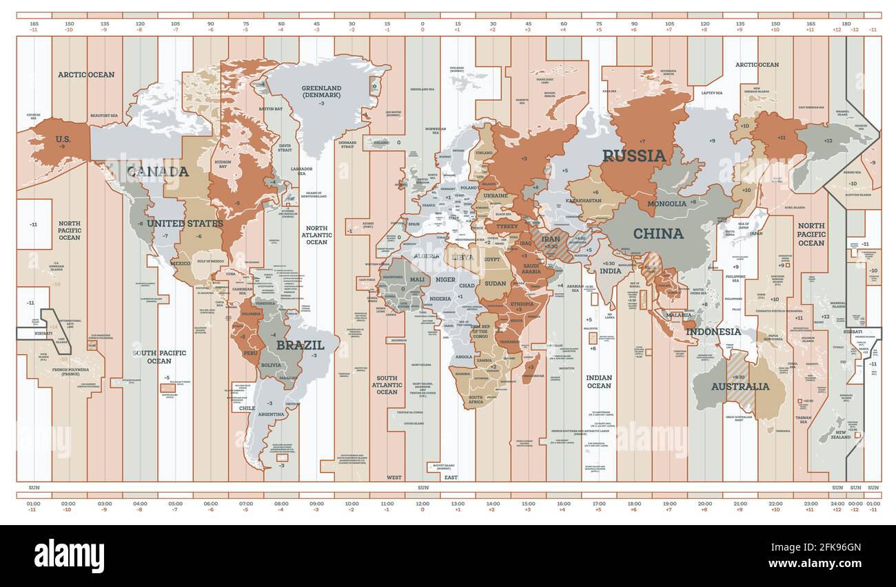 Zeitzonenübersicht. Detaillierte Weltkarte mit Ländernamen. Vektorgrafik. Stock Vektor