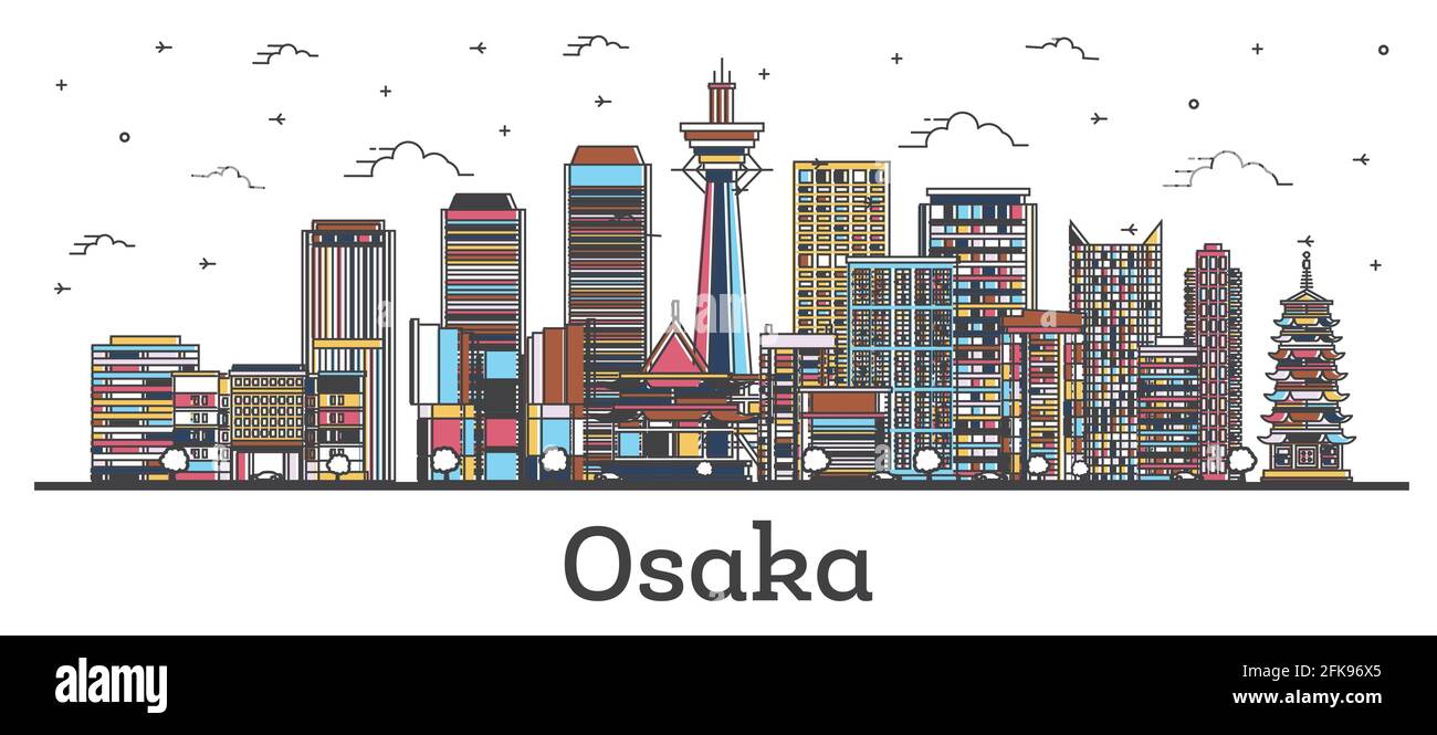 Skizzieren Sie die Skyline von Osaka Japan City mit farbigen Gebäuden, die auf Weiß isoliert sind. Vektorgrafik. Stadtbild von Osaka mit Wahrzeichen. Stock Vektor