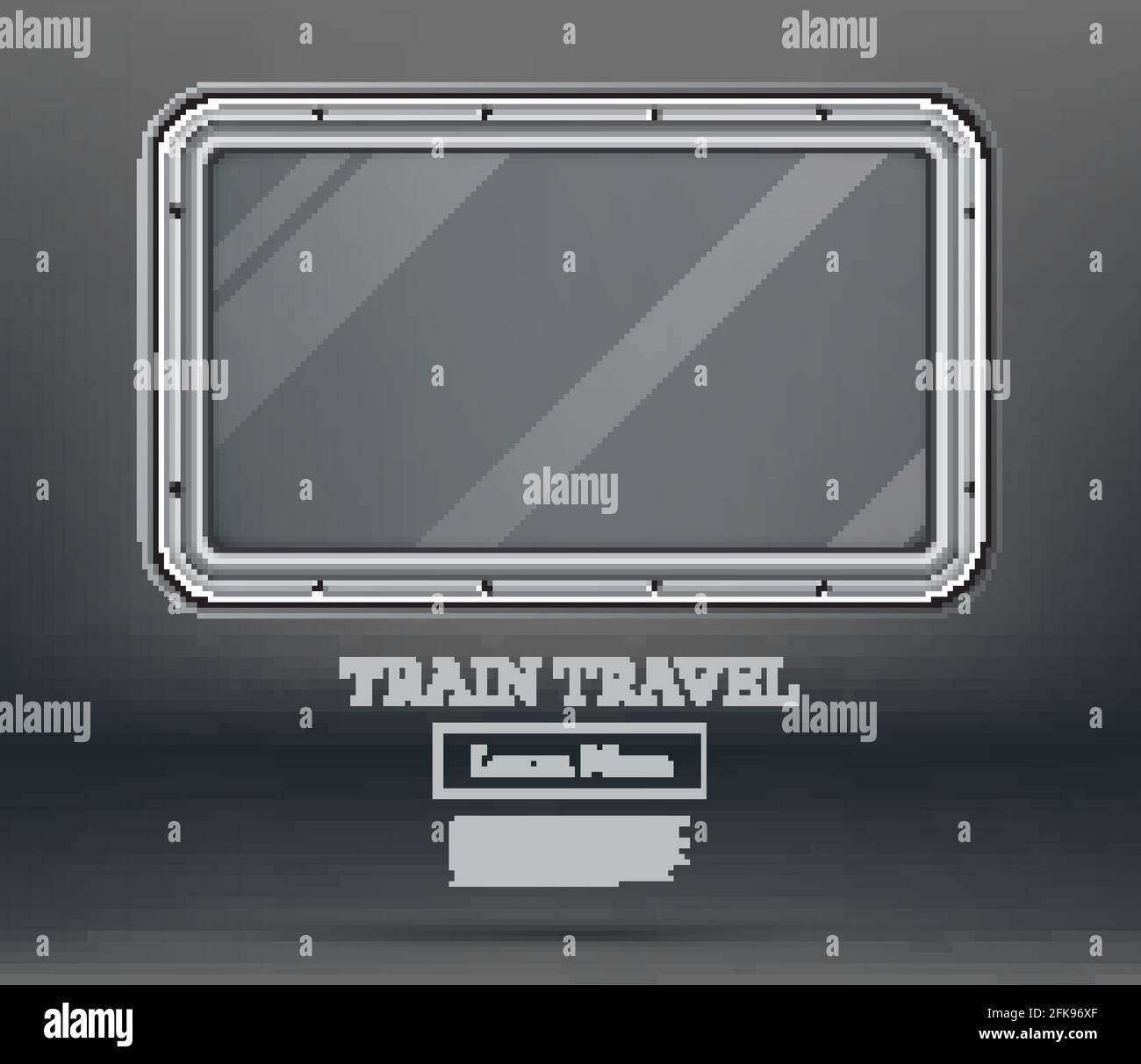 Zugfahrt. Tourismuskonzept. Leeres Zugfenster auf grauem Hintergrund. Blick vom Inneren des Zuges. Vektorgrafik. Zugelement. Stock Vektor
