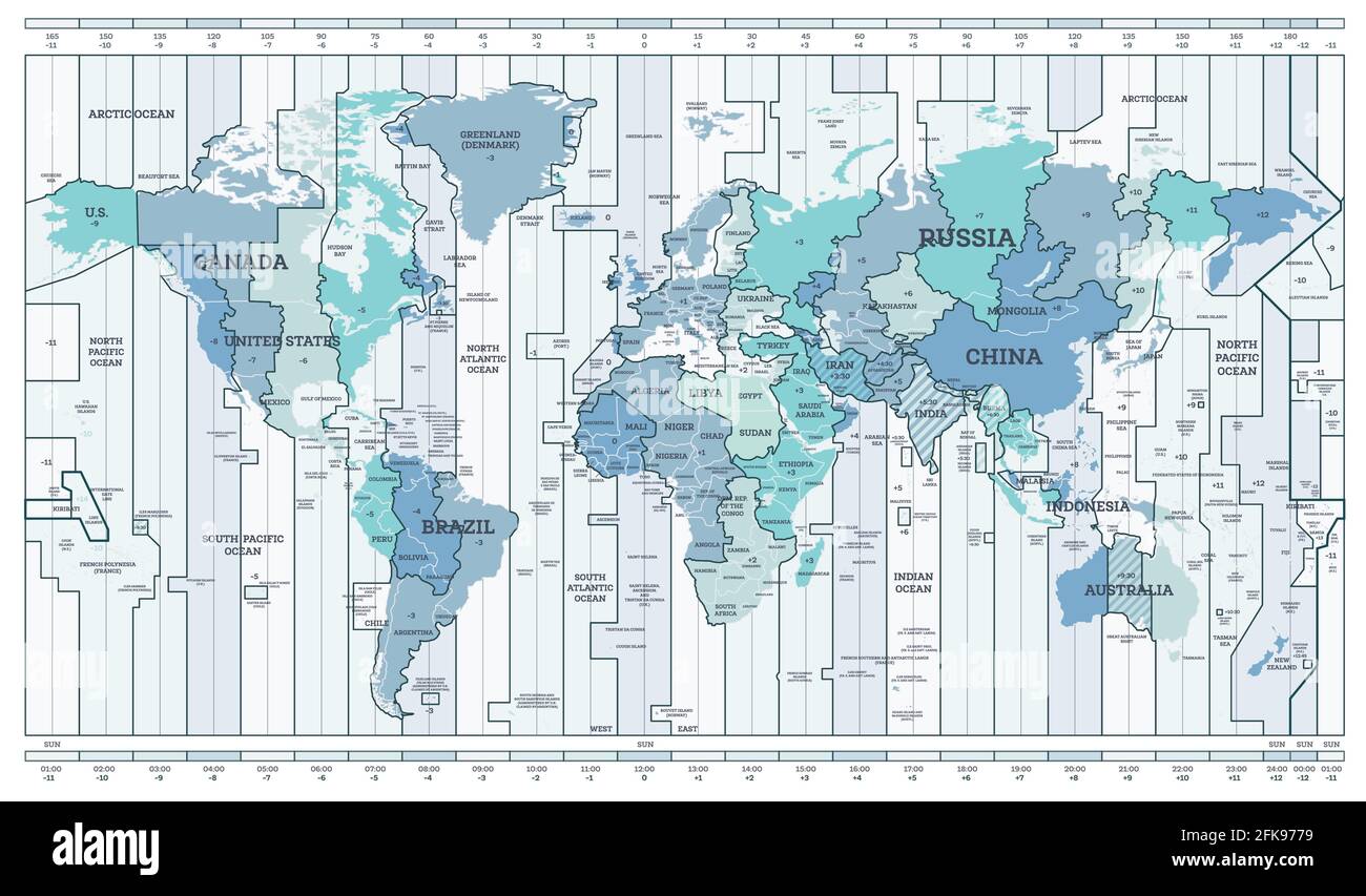 Blue Map Zeitzone. Detaillierte Weltkarte mit Ländernamen. Vektorgrafik. Stock Vektor