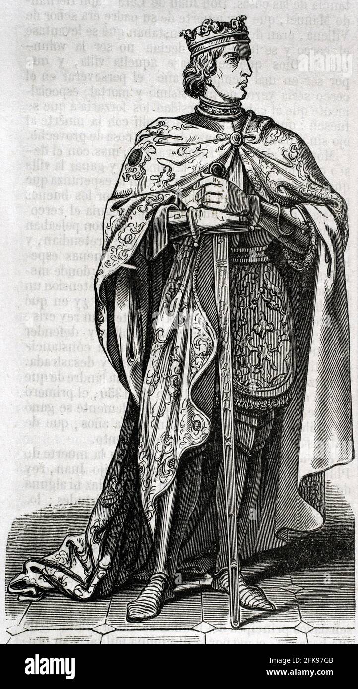Peter I. von Kastilien (1334-1369) nannte die grausamen oder die Gerechten. König von Kastilien und Leon von 1350 bis 1369. Hochformat. Gravur. Historia General de España von Pater Mariana. Madrid, 1852. Stockfoto