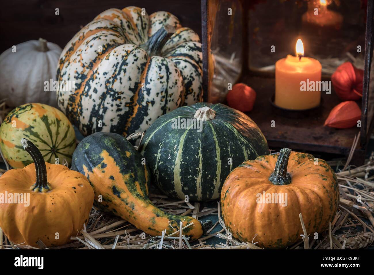 Variation von Kürbissen und dekorativen Kürbissen mit einer rostigen Laterne Auf Stroh Stockfoto