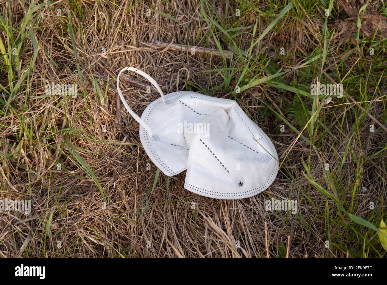 Weggeworfenes FFP2 Maske, liegt am Straßenrand im Gras Stockfoto