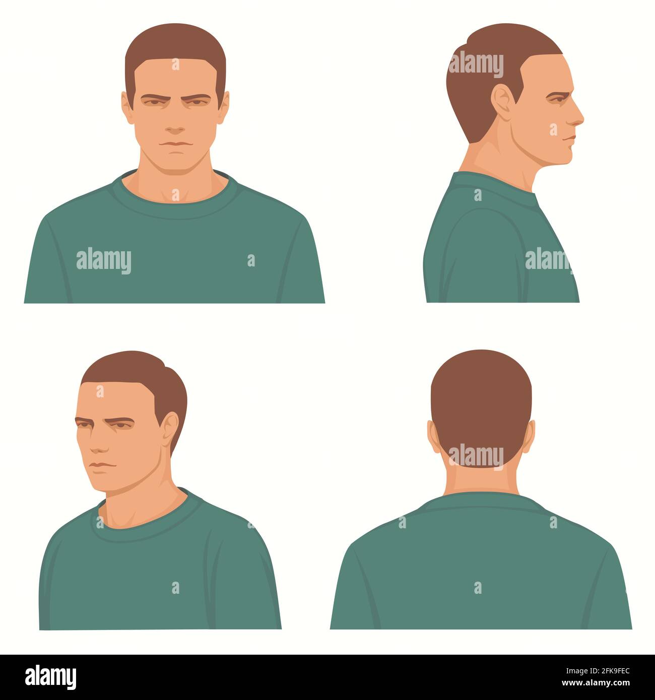 vektor Mann Frisur, vorne, Seite, Profilansicht des Kopfes Charakter Stock Vektor