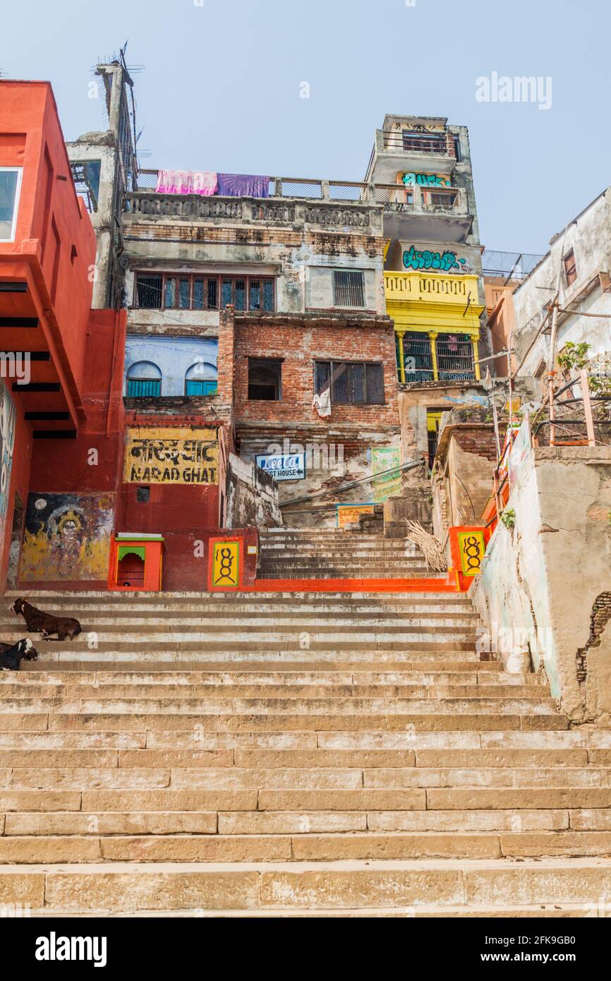 VARANASI, INDIEN - 25. OKTOBER 2016: Blick auf die Stufen am Fluss Narad Ghat, die zu den Ufern des Ganges in Varanasi, Indien, führen Stockfoto