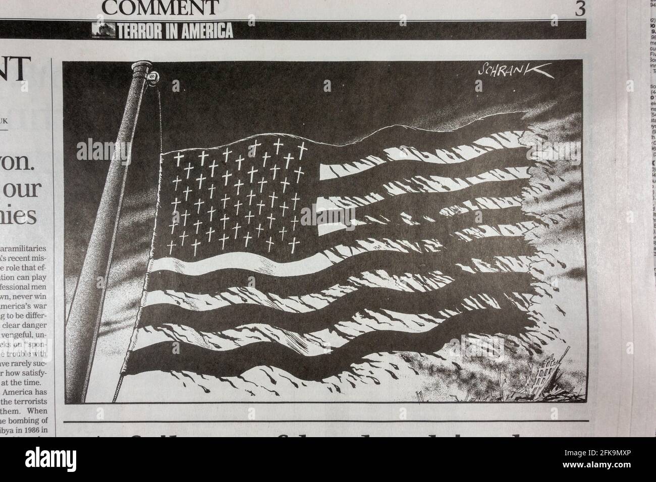 Schrank "Karikatur" in der Kommentarabteilung der Zeitung Independent (UK) nach den Terroranschlägen auf die Vereinigten Staaten am 11. September 2001. Stockfoto