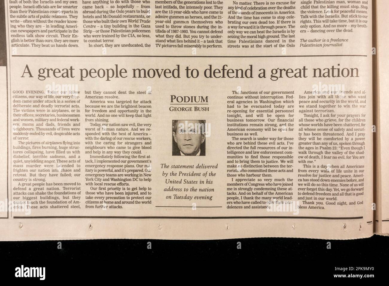 Abschrift der Rede von Präsident George Bush in der Zeitung Independent (UK) nach den Terroranschlägen auf die Vereinigten Staaten am 11. September 2001. Stockfoto