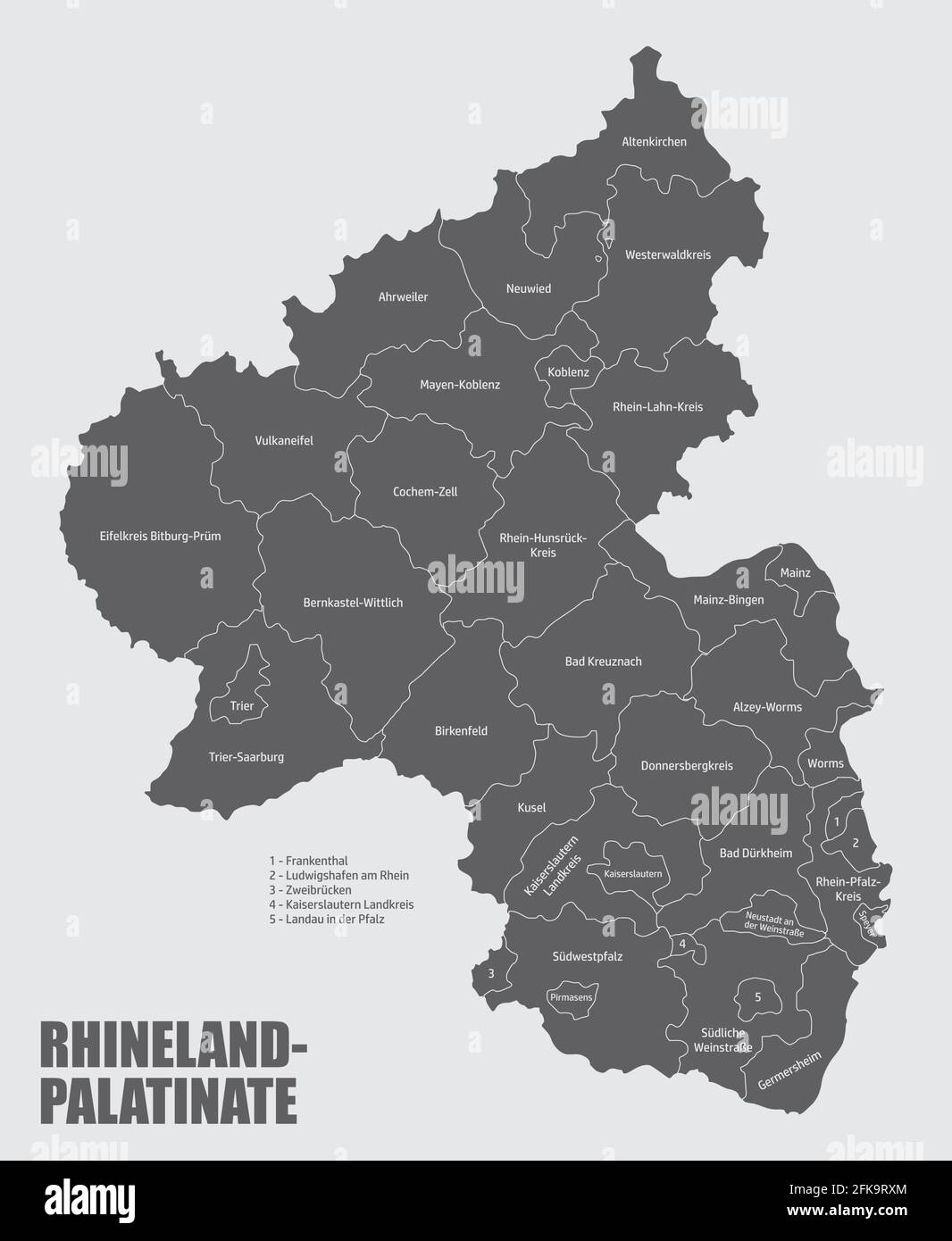 Land Rheinland-Pfalz, isolierte Karte in Bezirke mit Beschriftungen, Deutschland Stock Vektor