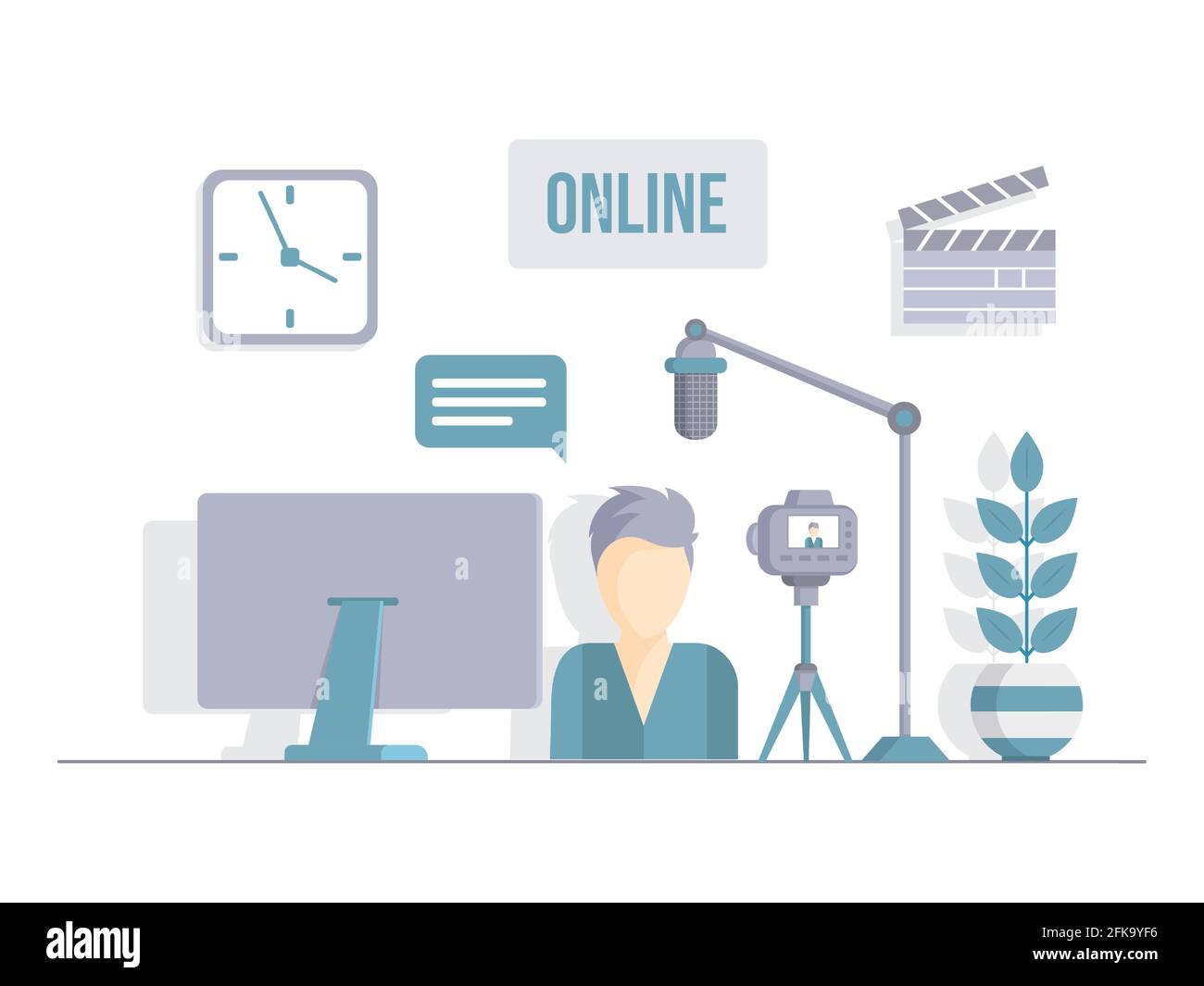 Radio, TV-Host oder Blogger Aufnahme Programm, vlog, oder Podcast Vektor flache Illustration. Mann streamt, spricht auf Videokamera, macht Inhalte für Internet-Blog, Kanal, Social Media. Stock Vektor