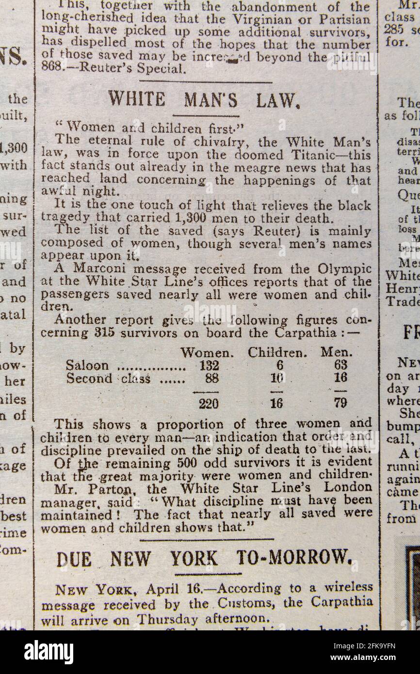 „White man's law2 titelte die Daily Mirror (Replik) Zeitung vom 17. April 1912 nach dem Untergang der RMS Titanic. Stockfoto