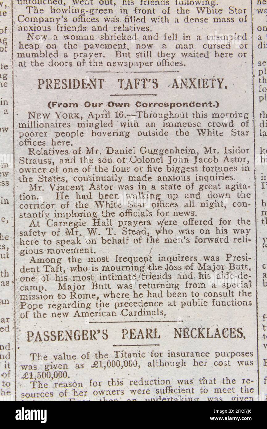 Schlagzeile „President Tafts Angst“, die Tageszeitung Daily Mirror (Replik) vom 17. April 1912 nach dem Untergang der RMS Titanic. Stockfoto