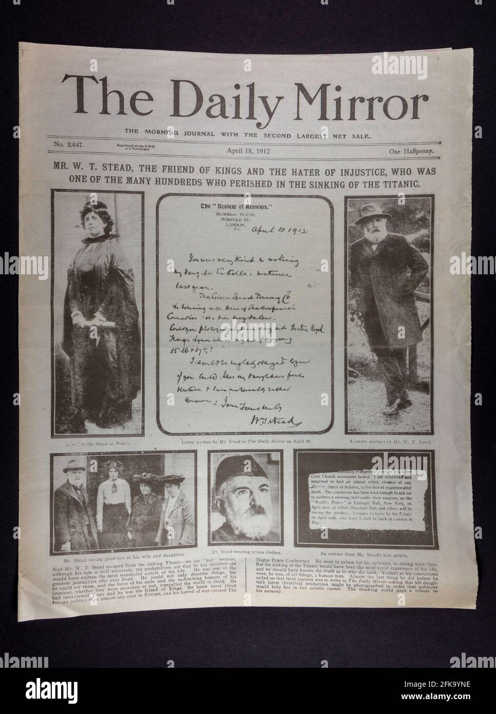 Die Titelseite der Tageszeitung Daily Mirror (Replik) vom 18. April 1912 nach dem Untergang der RMS Titanic. Stockfoto