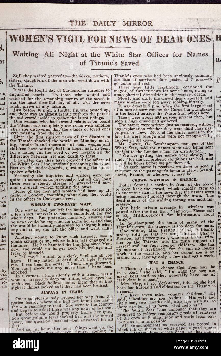 „Frauenwache für Nachrichten von Lieben“, titelt die Tageszeitung Daily Mirror (Replik) vom 19. April 1912 nach dem Untergang der RMS Titanic. Stockfoto