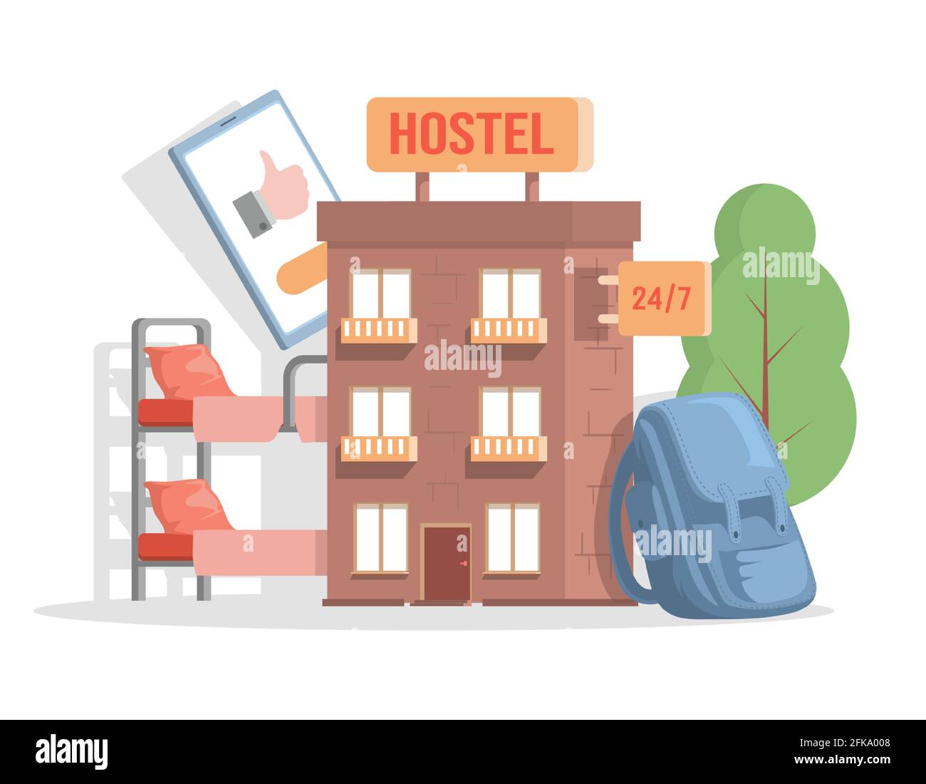 Modernes Äußeres der Herberge für Touristen und Reisende Vektor flache Illustration. Günstige Unterkunft für einen Urlaub. Hotelgebäude mit Betten für den Tourismus. Fassade der Jugendherberge. Wohnen im Wohnheim-Konzept. Stock Vektor