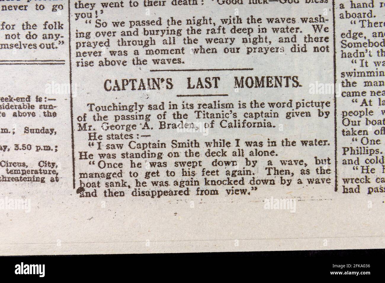 „Captain's Last Moments“ titelt die Tageszeitung Daily Mirror (Replik) vom 20. April 1912 nach dem Untergang der RMS Titanic. Stockfoto