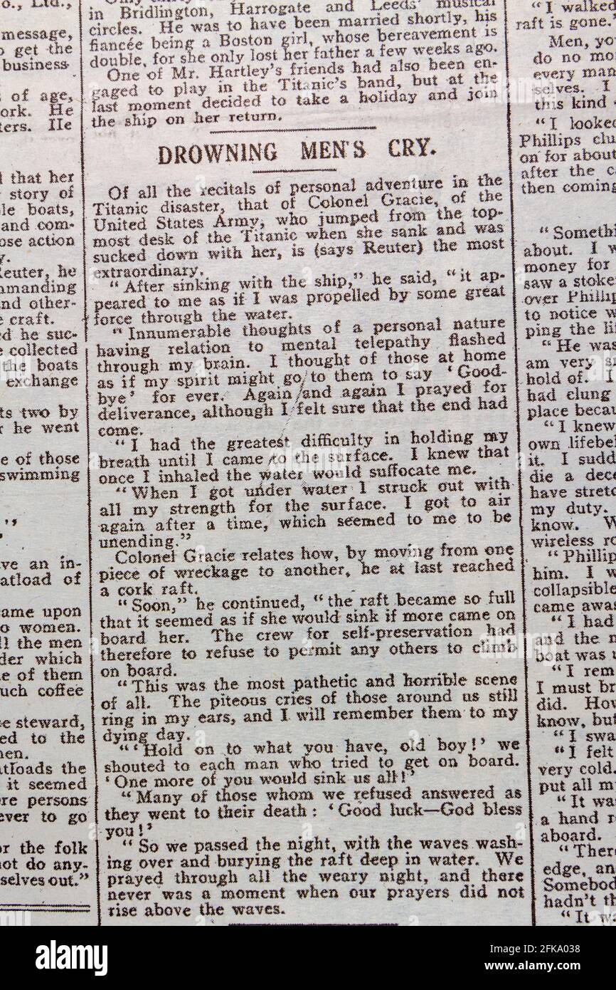 Schlagzeile „Drowning Men's Cry“, die Tageszeitung „Daily Mirror“ (Replik) vom 20. April 1912 nach dem Untergang der RMS Titanic. Stockfoto