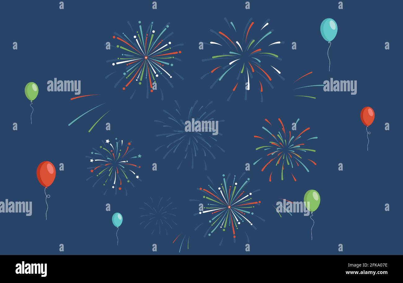 Bunte helle Feuerwerk und Luftballons für Urlaub, Neujahr, Geburtstagsfeier, festlich, Karneval, Vektorgrafik Unabhängigkeitstag flach. Komposition mit Feuerwerk zur Feier. Stock Vektor